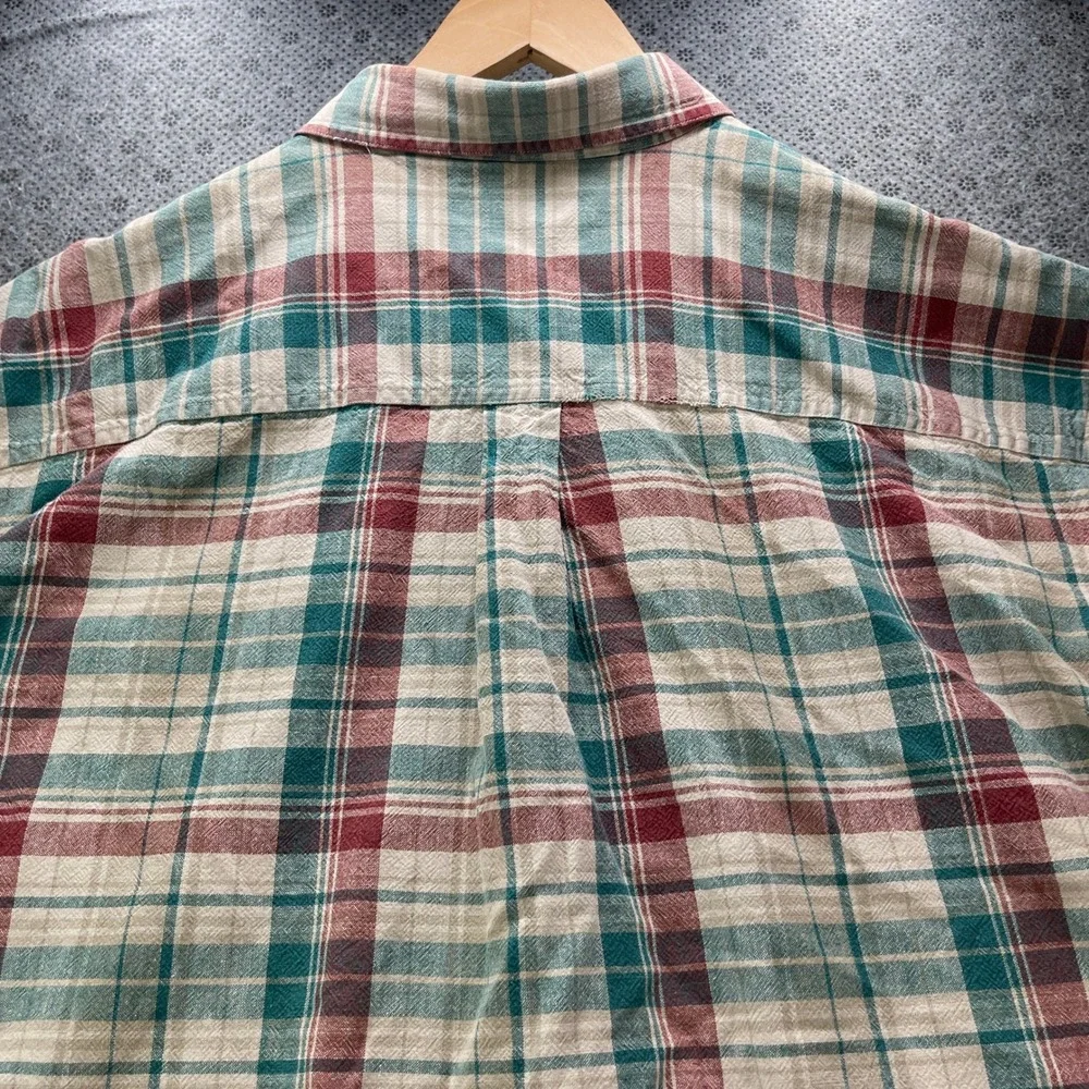 Vintage LL Bean Mens XL Linen Cotton Plaid Shirt Teal Burgundy Long Sleeve
